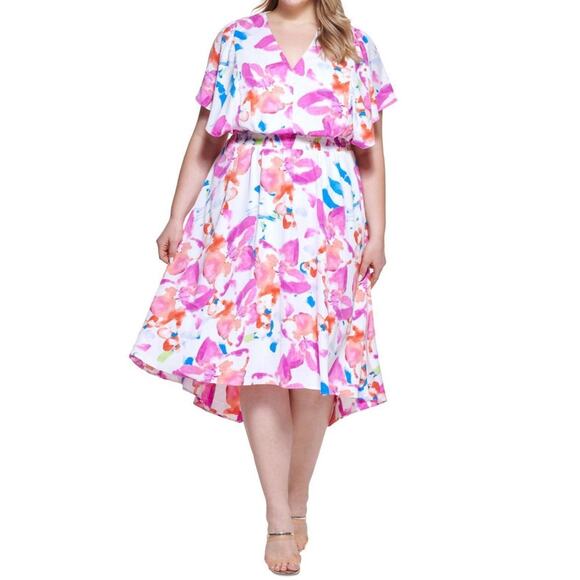 DKNY Women’s Smocked Pullover Hi Lo Hem Printed Flutter Sleeve Midi Dress Sz 18W - Picture 1 of 9